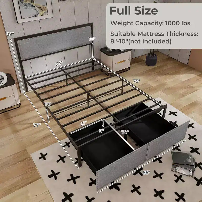 Costway Full Size Bed Frame w/ 2 Storage Drawers LED Lights Slats Support Modern