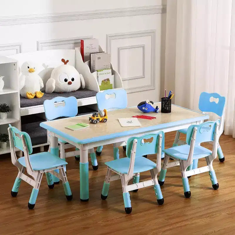Kids Table and Chairs Set, Height Adjustable Desk With 6 Seats for Ages 2-10,Arts & Crafts Table,Graffiti Desktop, Non-Slip Legs, Max 300lbs