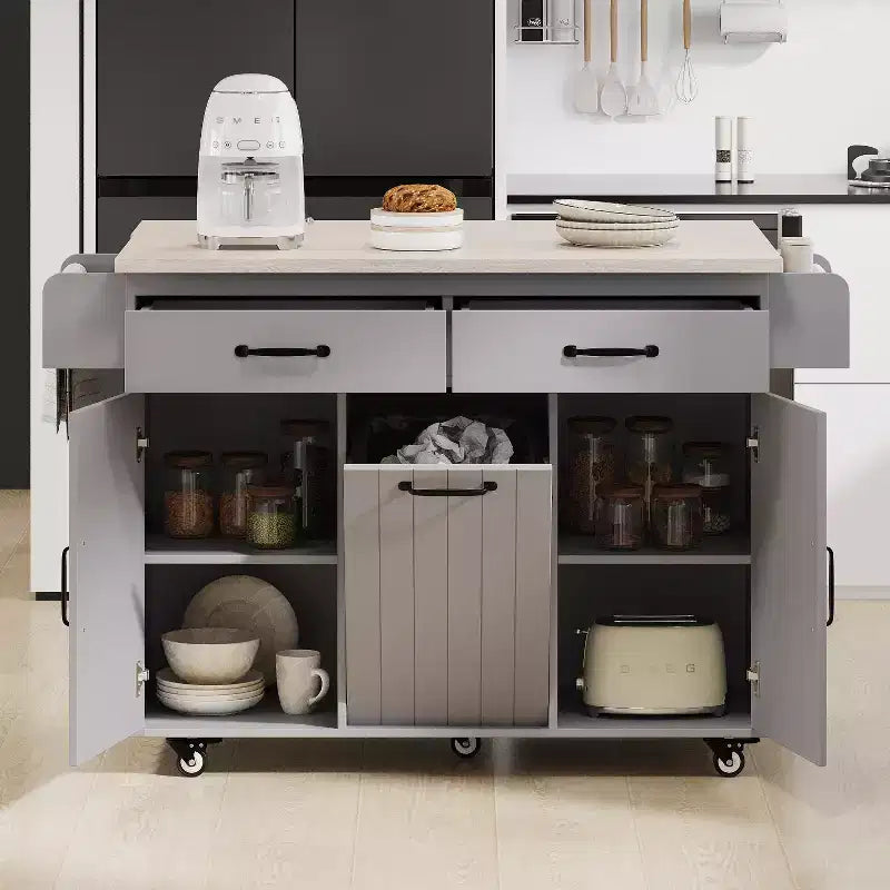 Kitchen Island with Trash Can Storage Cabinet, Kitchen Cart with Drop Leaf, Rolling Kitchen Island on Wheels with Adjustable Shelf and Drawer