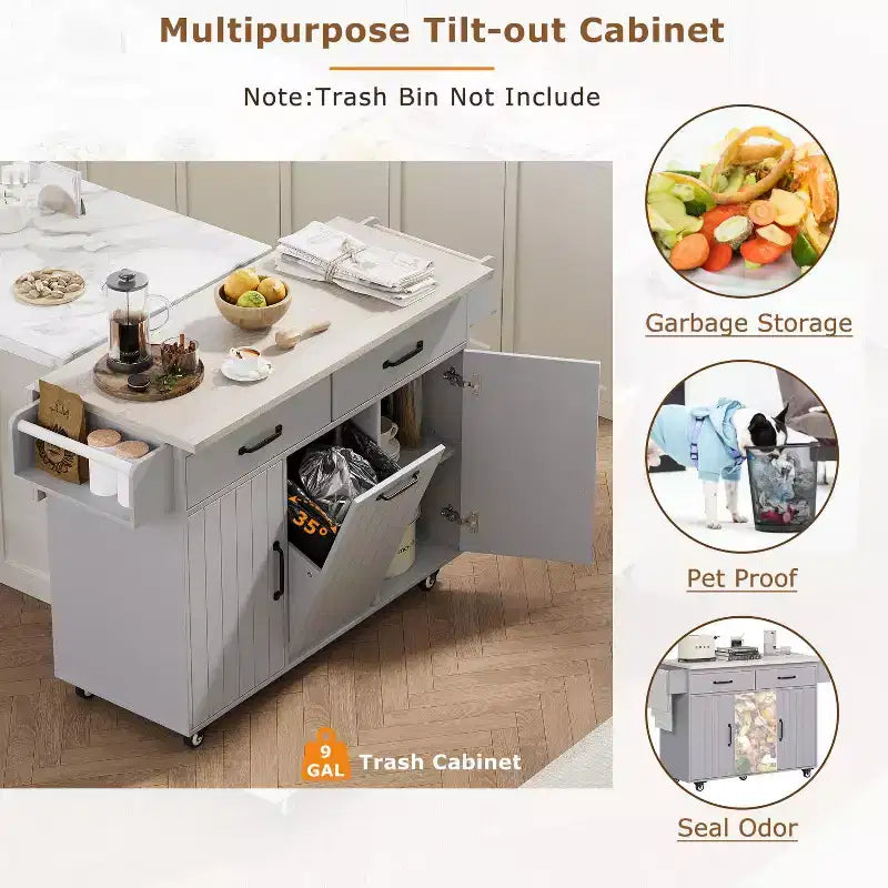Kitchen Island with Trash Can Storage Cabinet, Kitchen Cart with Drop Leaf, Rolling Kitchen Island on Wheels with Adjustable Shelf and Drawer