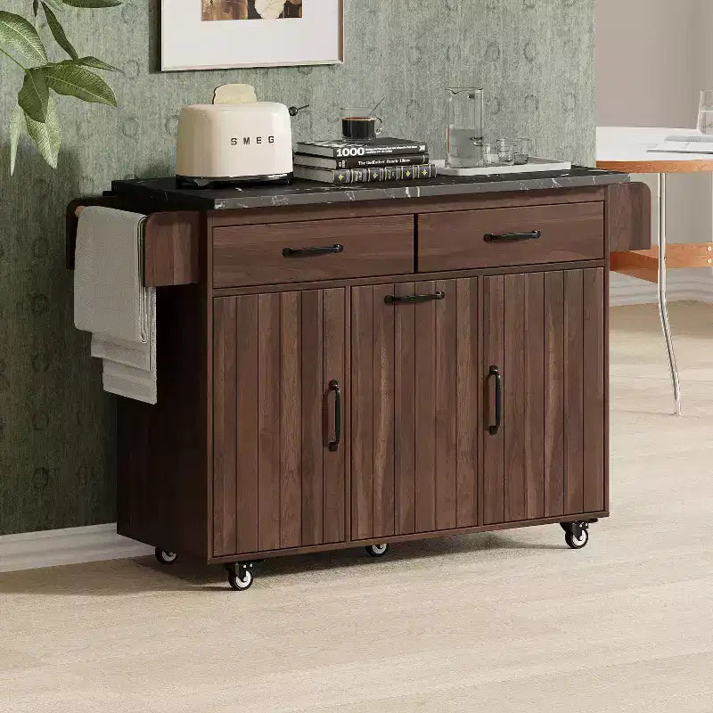 Kitchen Island with Trash Can Storage Cabinet, Kitchen Cart with Drop Leaf, Rolling Kitchen Island on Wheels with Adjustable Shelf and Drawer