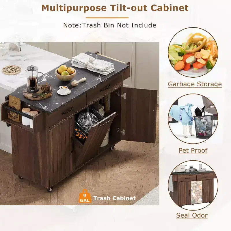 Kitchen Island with Trash Can Storage Cabinet, Kitchen Cart with Drop Leaf, Rolling Kitchen Island on Wheels with Adjustable Shelf and Drawer