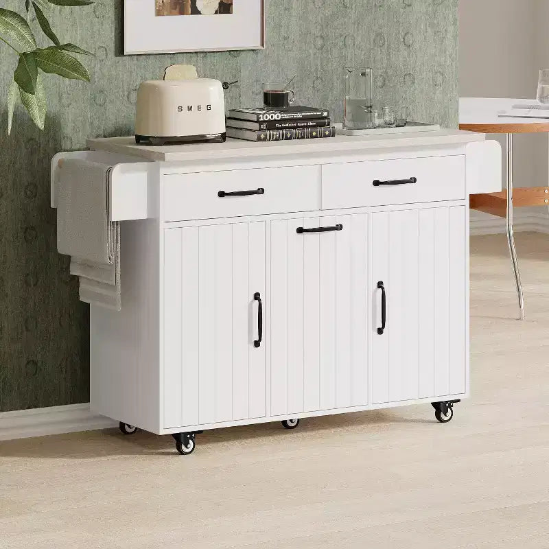 Kitchen Island with Trash Can Storage Cabinet, Kitchen Cart with Drop Leaf, Rolling Kitchen Island on Wheels with Adjustable Shelf and Drawer