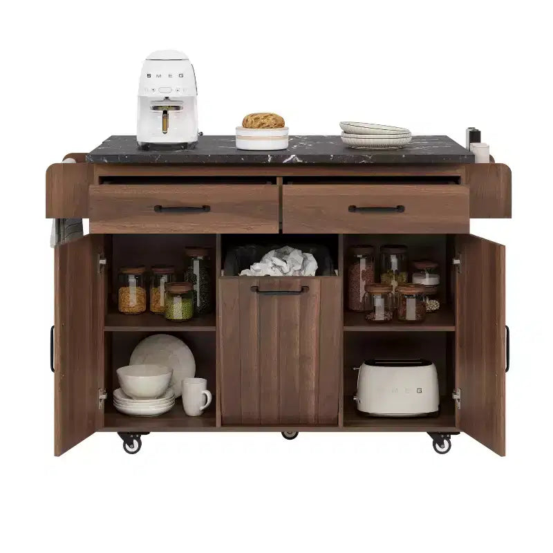 Kitchen Island with Trash Can Storage Cabinet, Kitchen Cart with Drop Leaf, Rolling Kitchen Island on Wheels with Adjustable Shelf and Drawer