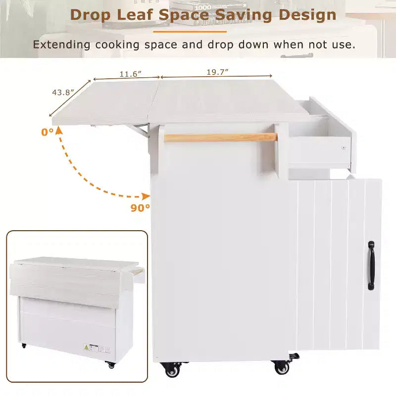Kitchen Island with Trash Can Storage Cabinet, Kitchen Cart with Drop Leaf, Rolling Kitchen Island on Wheels with Adjustable Shelf and Drawer