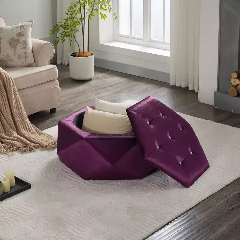 Okak Modern Velvet Diamond Tufted Ottoman Coffee Table with Practical Storage,Multi-Functional Side Footrest for Bedroom,Entryway