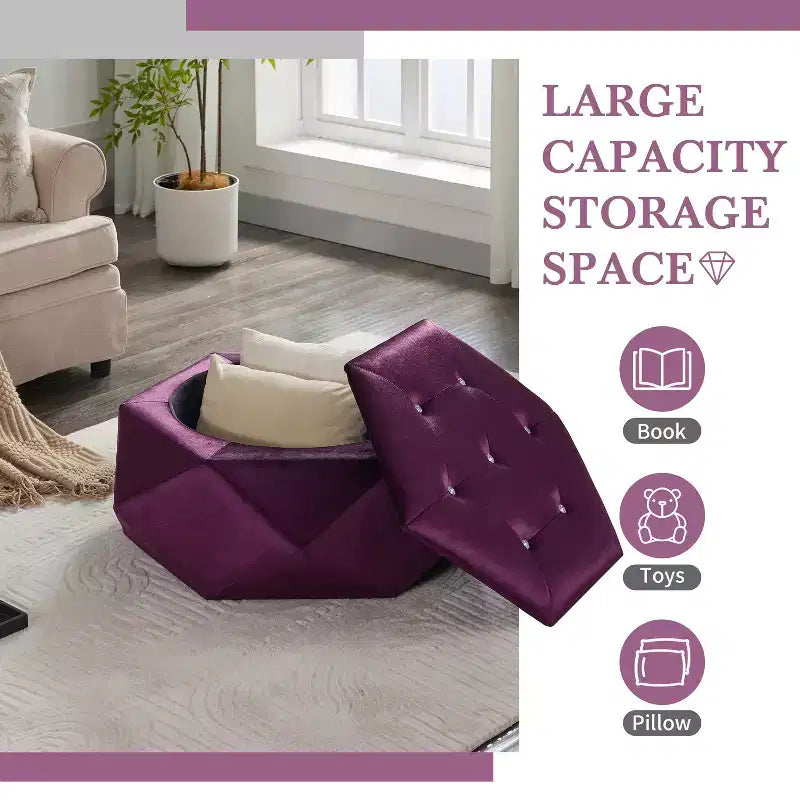 Okak Modern Velvet Diamond Tufted Ottoman Coffee Table with Practical Storage,Multi-Functional Side Footrest for Bedroom,Entryway