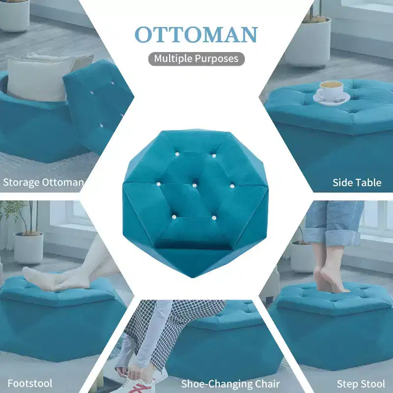Okak Modern Velvet Diamond Tufted Ottoman Coffee Table with Practical Storage,Multi-Functional Side Footrest for Bedroom,Entryway