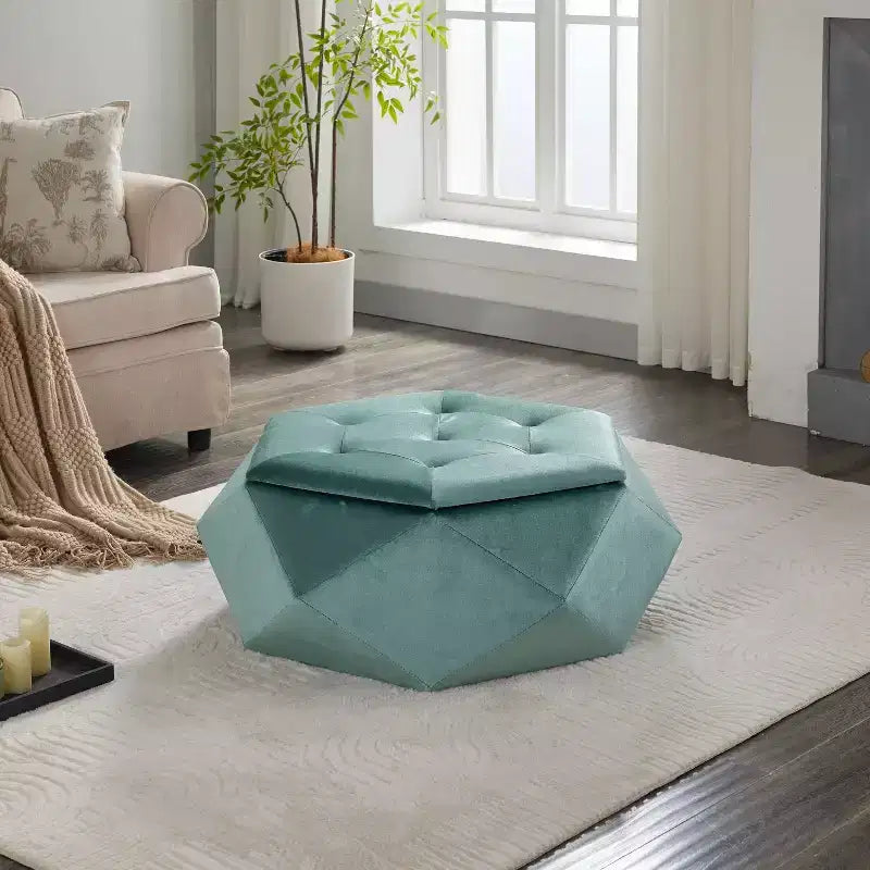 Okak Modern Velvet Diamond Tufted Ottoman Coffee Table with Practical Storage,Multi-Functional Side Footrest for Bedroom,Entryway