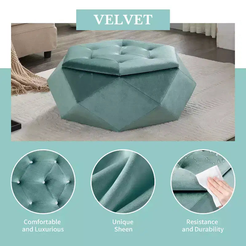 Okak Modern Velvet Diamond Tufted Ottoman Coffee Table with Practical Storage,Multi-Functional Side Footrest for Bedroom,Entryway