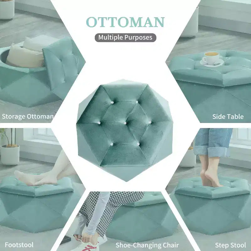 Okak Modern Velvet Diamond Tufted Ottoman Coffee Table with Practical Storage,Multi-Functional Side Footrest for Bedroom,Entryway