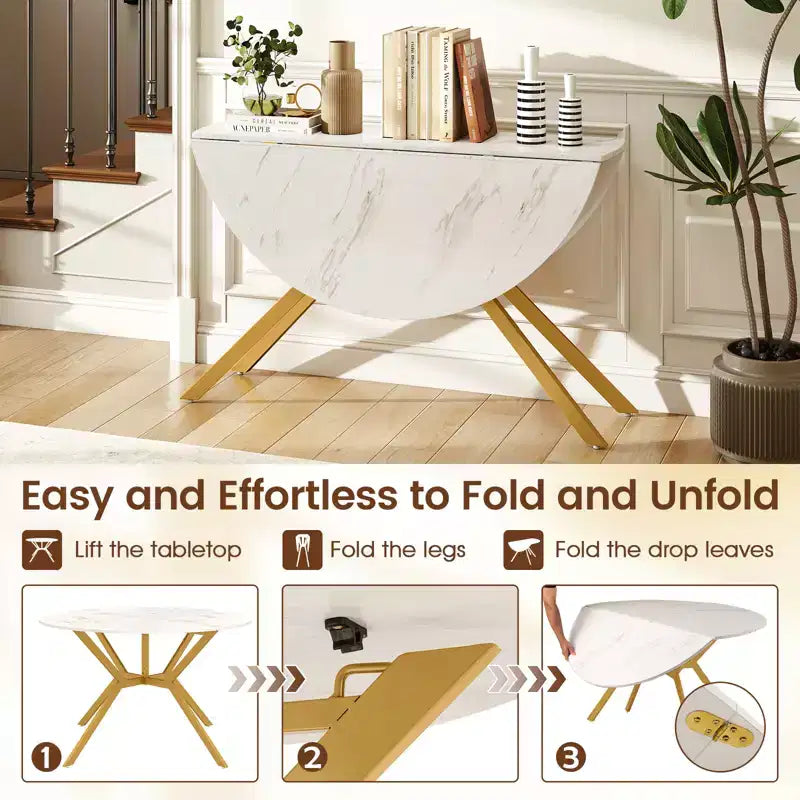 Costway Folding Dining Table 47 Extendable Round Kitchen Table w/Drop Leaves for Home