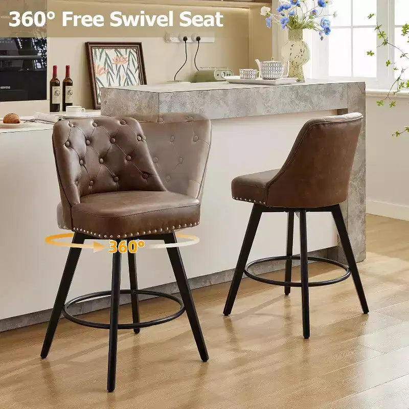 Modern Swivel Bar Stools Set of 2, Upholstered, Footrest, Backrest and Metal Legs, Modern Counter Height Barstools for Bar, Kitchen Island