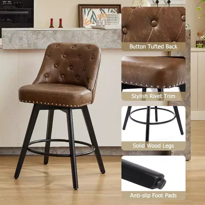 Modern Swivel Bar Stools Set of 2, Upholstered, Footrest, Backrest and Metal Legs, Modern Counter Height Barstools for Bar, Kitchen Island