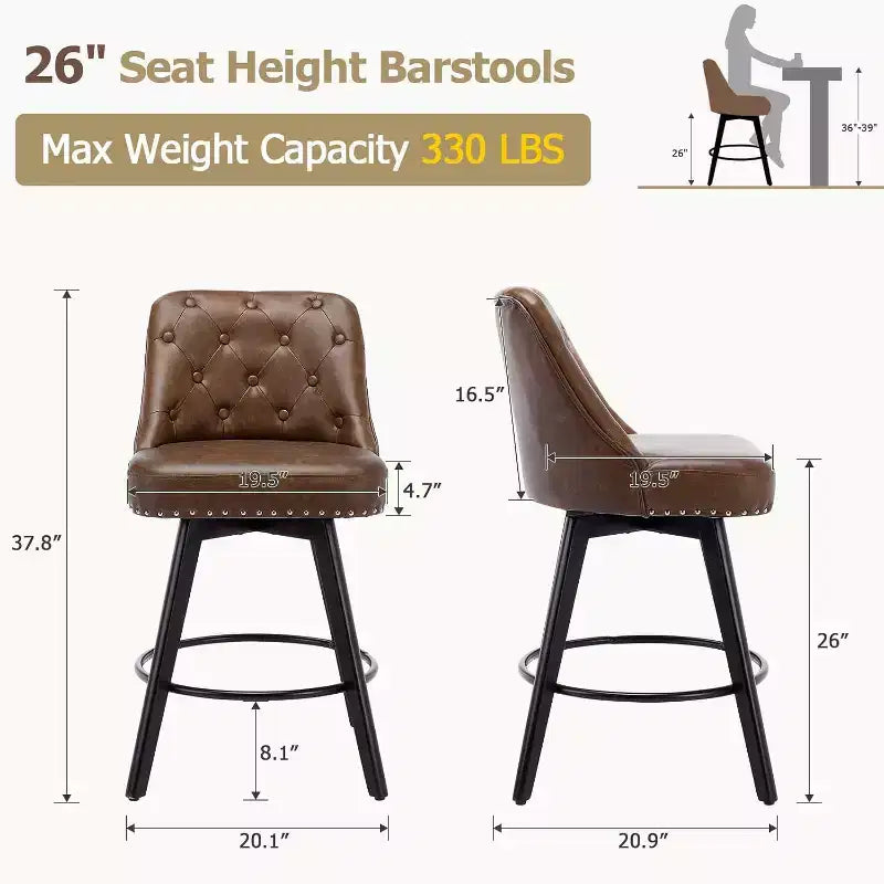 Modern Swivel Bar Stools Set of 2, Upholstered, Footrest, Backrest and Metal Legs, Modern Counter Height Barstools for Bar, Kitchen Island