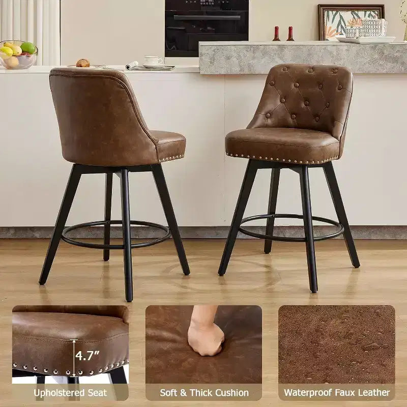 Modern Swivel Bar Stools Set of 2, Upholstered, Footrest, Backrest and Metal Legs, Modern Counter Height Barstools for Bar, Kitchen Island