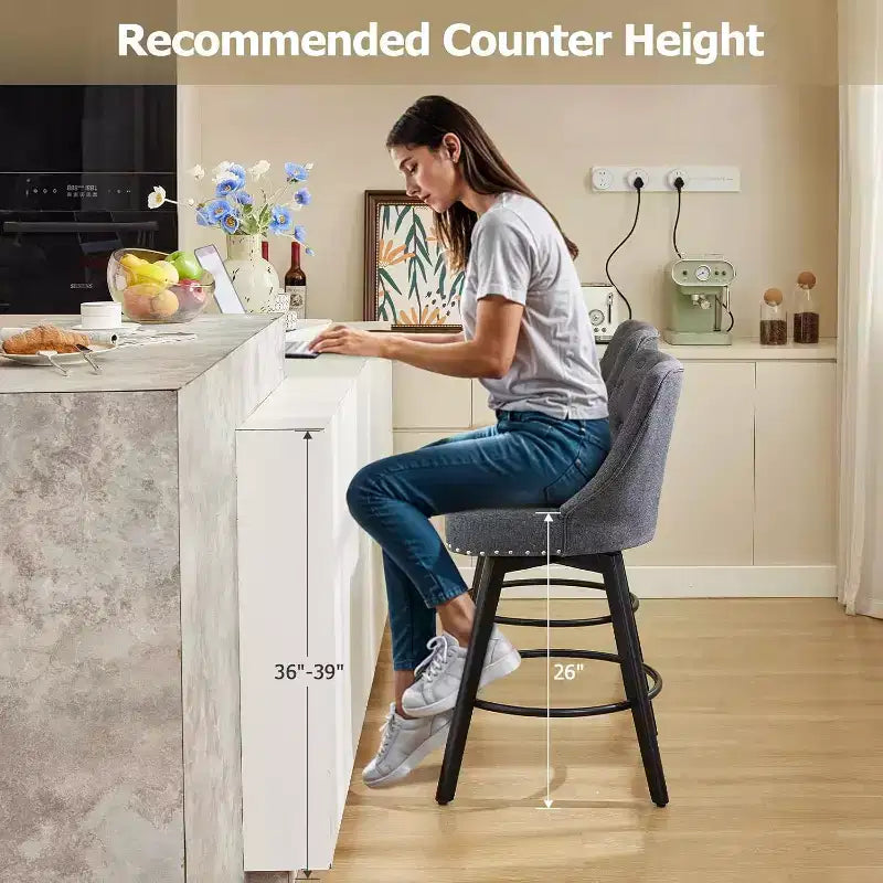 Modern Swivel Bar Stools Set of 2, Upholstered, Footrest, Backrest and Metal Legs, Modern Counter Height Barstools for Bar, Kitchen Island