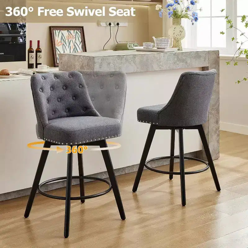 Modern Swivel Bar Stools Set of 2, Upholstered, Footrest, Backrest and Metal Legs, Modern Counter Height Barstools for Bar, Kitchen Island