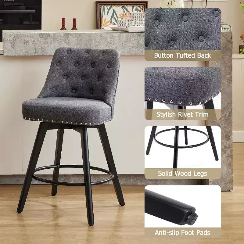 Modern Swivel Bar Stools Set of 2, Upholstered, Footrest, Backrest and Metal Legs, Modern Counter Height Barstools for Bar, Kitchen Island
