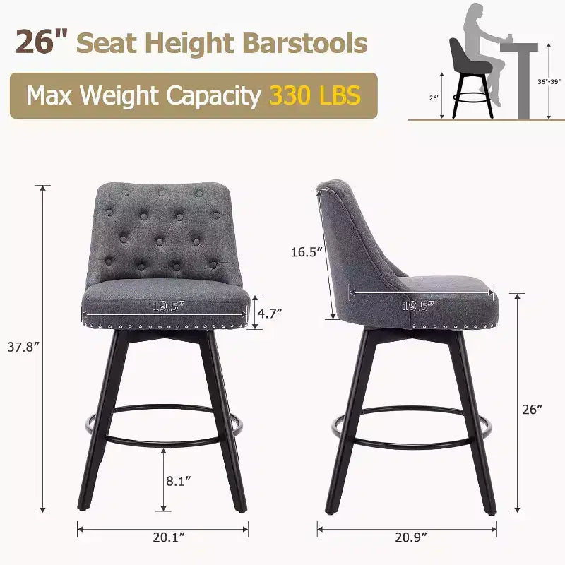 Modern Swivel Bar Stools Set of 2, Upholstered, Footrest, Backrest and Metal Legs, Modern Counter Height Barstools for Bar, Kitchen Island