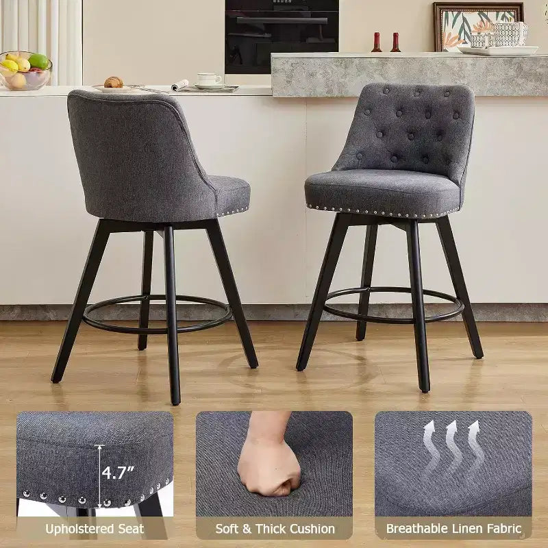 Modern Swivel Bar Stools Set of 2, Upholstered, Footrest, Backrest and Metal Legs, Modern Counter Height Barstools for Bar, Kitchen Island