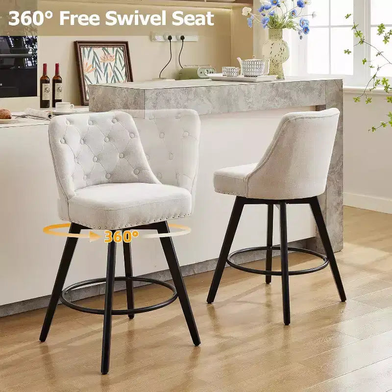 Modern Swivel Bar Stools Set of 2, Upholstered, Footrest, Backrest and Metal Legs, Modern Counter Height Barstools for Bar, Kitchen Island