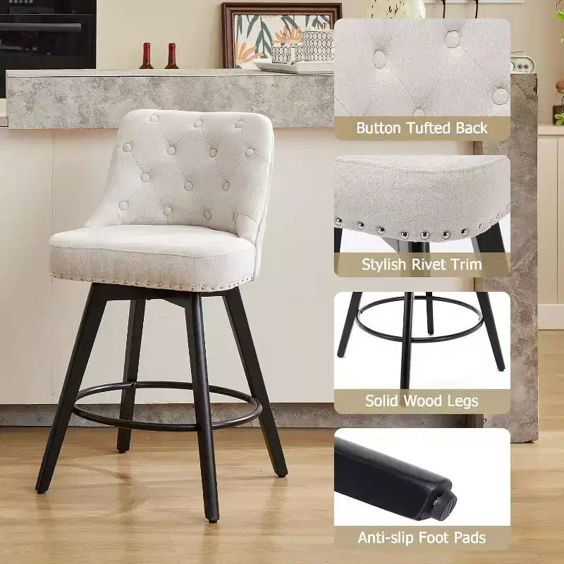 Modern Swivel Bar Stools Set of 2, Upholstered, Footrest, Backrest and Metal Legs, Modern Counter Height Barstools for Bar, Kitchen Island