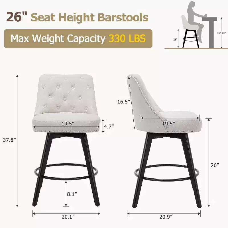 Modern Swivel Bar Stools Set of 2, Upholstered, Footrest, Backrest and Metal Legs, Modern Counter Height Barstools for Bar, Kitchen Island