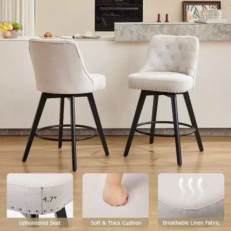 Modern Swivel Bar Stools Set of 2, Upholstered, Footrest, Backrest and Metal Legs, Modern Counter Height Barstools for Bar, Kitchen Island
