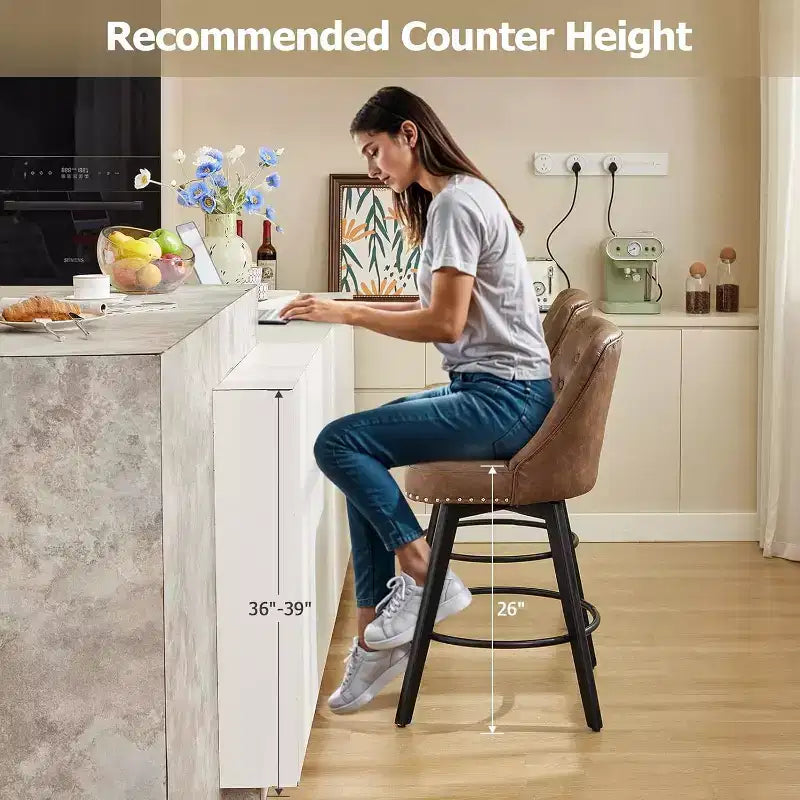 Modern Swivel Bar Stools Set of 2, Upholstered, Footrest, Backrest and Metal Legs, Modern Counter Height Barstools for Bar, Kitchen Island
