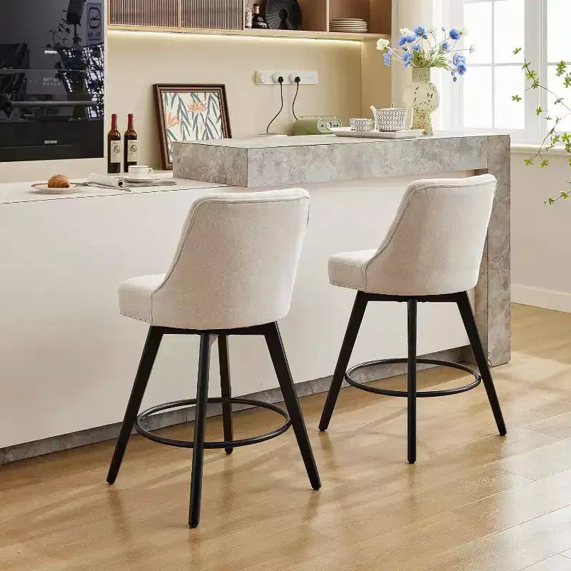Modern Swivel Bar Stools Set of 2, Upholstered, Footrest, Backrest and Metal Legs, Modern Counter Height Barstools for Bar, Kitchen Island