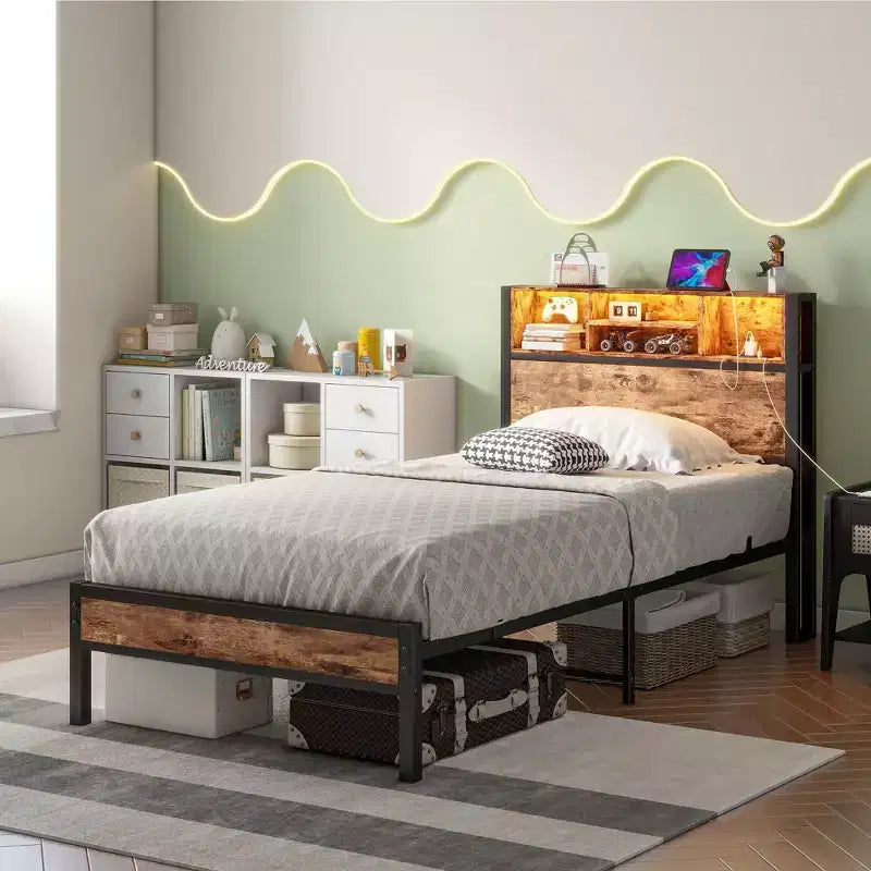 GDFStudio Kian Modern Twin Size Metal Platform Bed Frame with Storage Headboard, Charging Station and LED Lights
