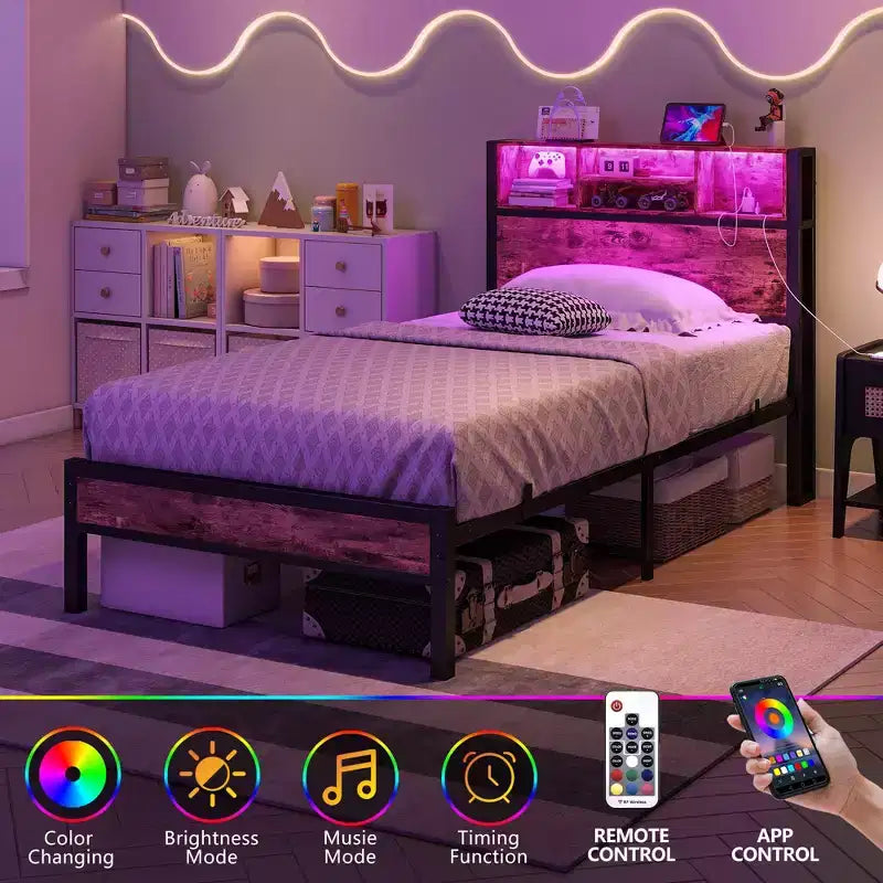 GDFStudio Kian Modern Twin Size Metal Platform Bed Frame with Storage Headboard, Charging Station and LED Lights