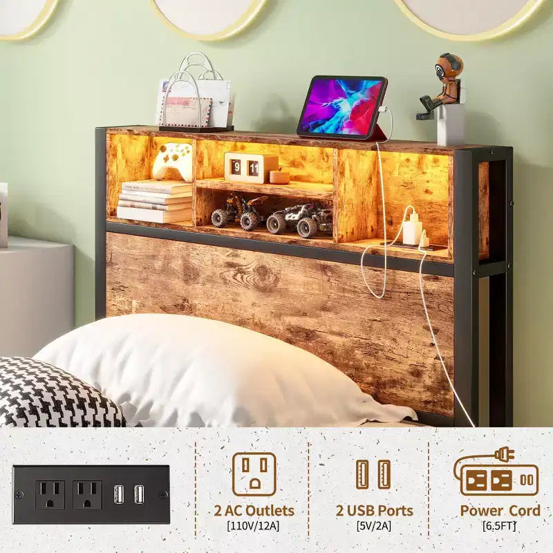 GDFStudio Kian Modern Twin Size Metal Platform Bed Frame with Storage Headboard, Charging Station and LED Lights