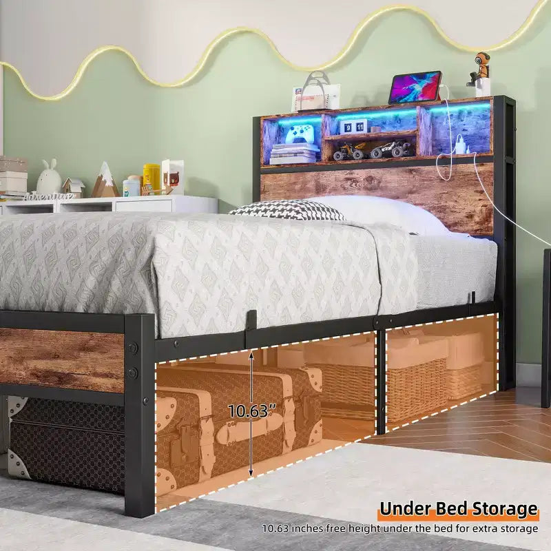 GDFStudio Kian Modern Twin Size Metal Platform Bed Frame with Storage Headboard, Charging Station and LED Lights