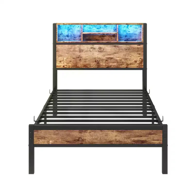 GDFStudio Kian Modern Twin Size Metal Platform Bed Frame with Storage Headboard, Charging Station and LED Lights