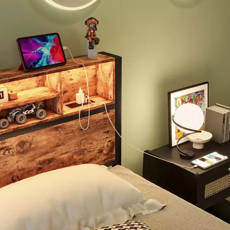 GDFStudio Kian Modern Twin Size Metal Platform Bed Frame with Storage Headboard, Charging Station and LED Lights