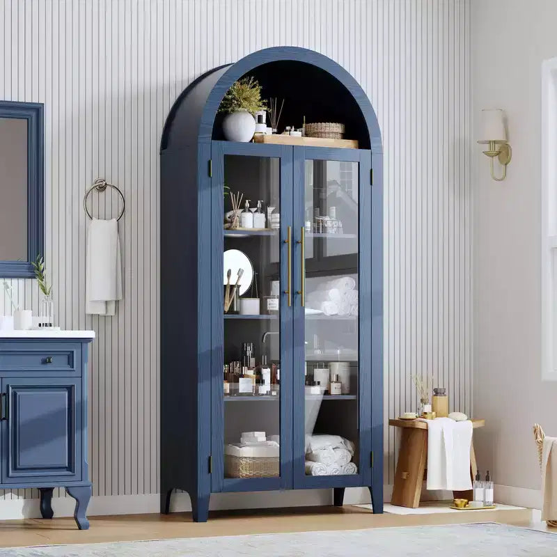 Arched Kitchen Pantry Cabinet - Farmhouse 5 Tier Display Shelf with Adjustable Shelf and 2 Large Glass Doors, Versatile Storage Cupboard