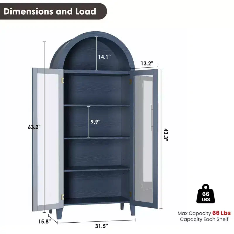 Arched Kitchen Pantry Cabinet - Farmhouse 5 Tier Display Shelf with Adjustable Shelf and 2 Large Glass Doors, Versatile Storage Cupboard