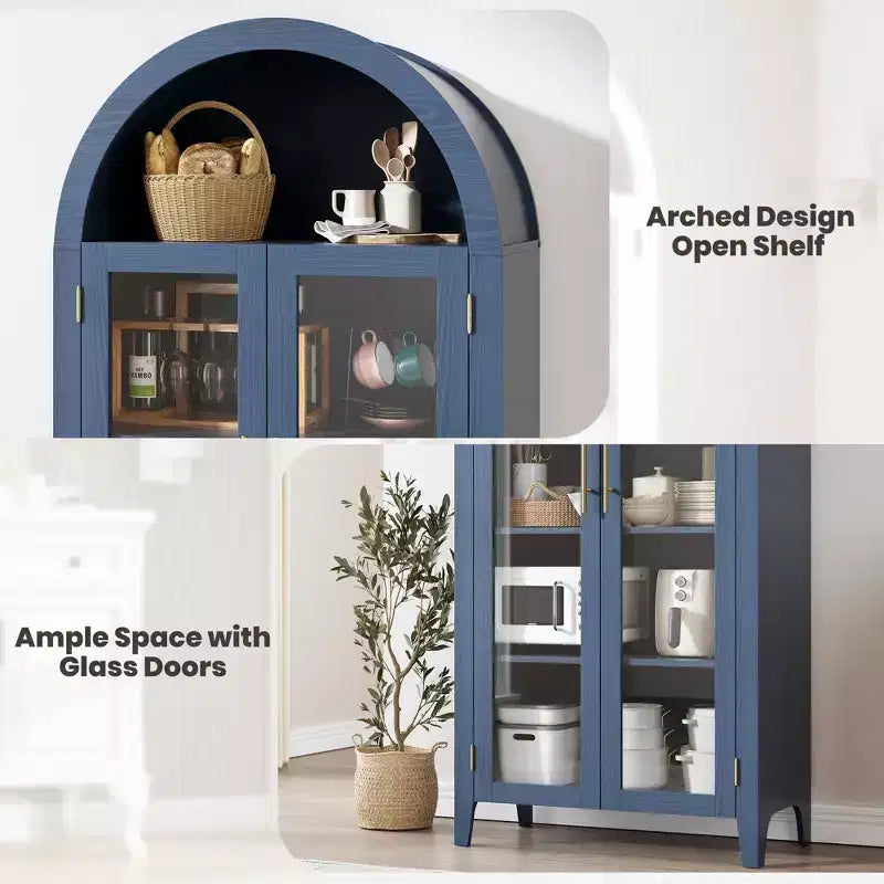 Arched Kitchen Pantry Cabinet - Farmhouse 5 Tier Display Shelf with Adjustable Shelf and 2 Large Glass Doors, Versatile Storage Cupboard