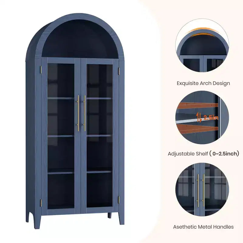 Arched Kitchen Pantry Cabinet - Farmhouse 5 Tier Display Shelf with Adjustable Shelf and 2 Large Glass Doors, Versatile Storage Cupboard