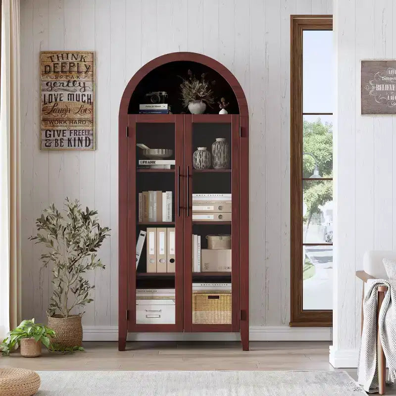 Arched Kitchen Pantry Cabinet - Farmhouse 5 Tier Display Shelf with Adjustable Shelf and 2 Large Glass Doors, Versatile Storage Cupboard