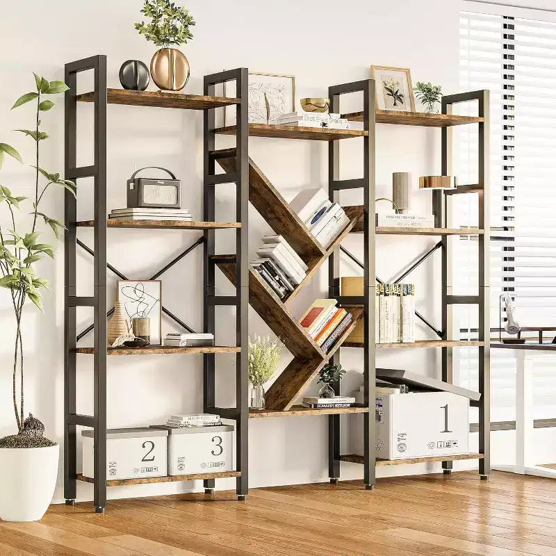 4-layer Bookshelves, Large Wooden Bookcases, Open Display Racks for Living Rooms and Bedrooms, Modern Bookshelf Metal-framed Furniture, Brown.