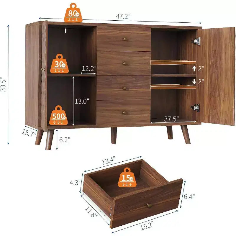47.2 Inch Farmhouse Sideboard Buffet Cabinet with 4 Drawers & 2 Doors, Large Storage Cabinet for Kitchen, Dining Room & Living Room