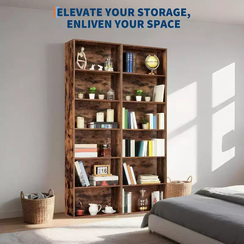 6 Tier Open Bookcase, Rustic Farmhouse Book Shelves, Spacious Organization for Storage, Organize Office, Durable & Resilient Build, Easy Assembly