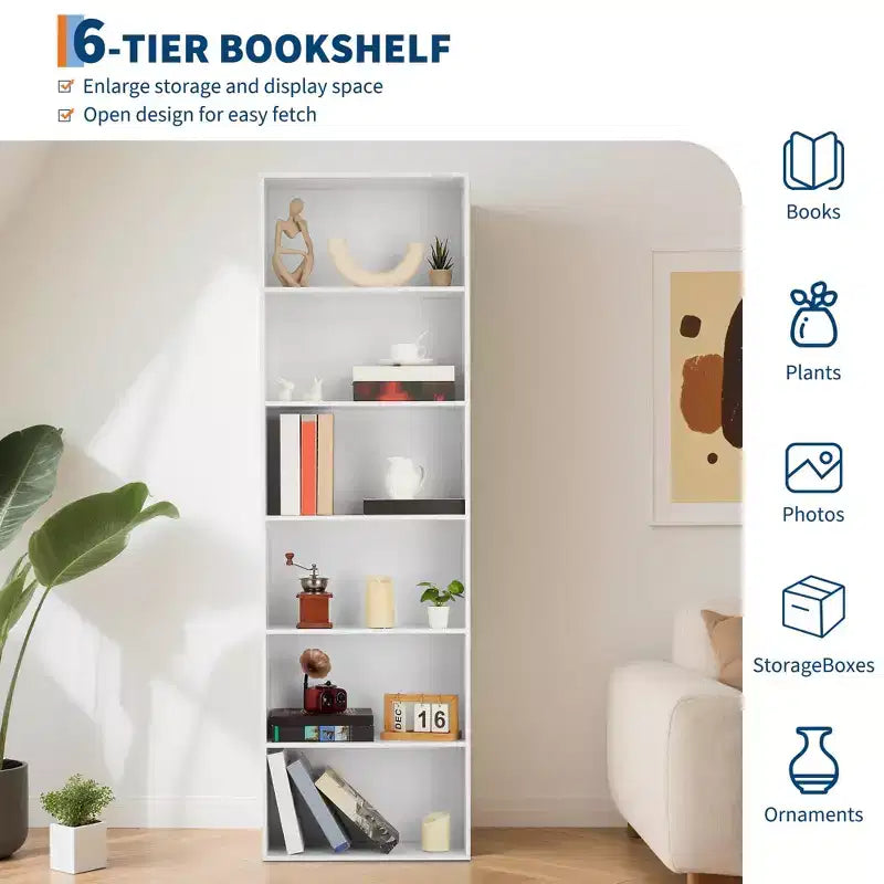 6 Tier Open Bookcase, Rustic Farmhouse Book Shelves, Spacious Organization for Storage, Organize Office, Durable & Resilient Build, Easy Assembly