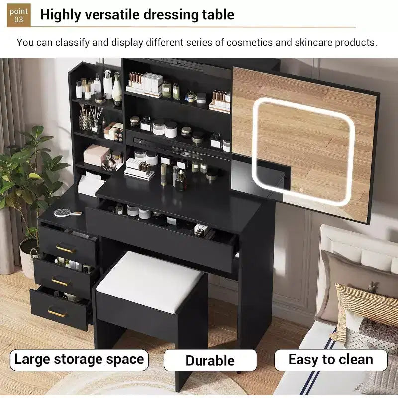 Acekool Black Sliding Mirror Vanity Desk with Adjustable Lighting, Power Outlet, and Storage Drawers for Bedroom