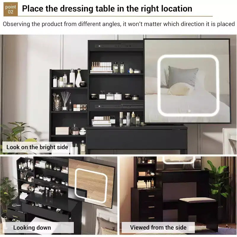 Acekool Black Sliding Mirror Vanity Desk with Adjustable Lighting, Power Outlet, and Storage Drawers for Bedroom
