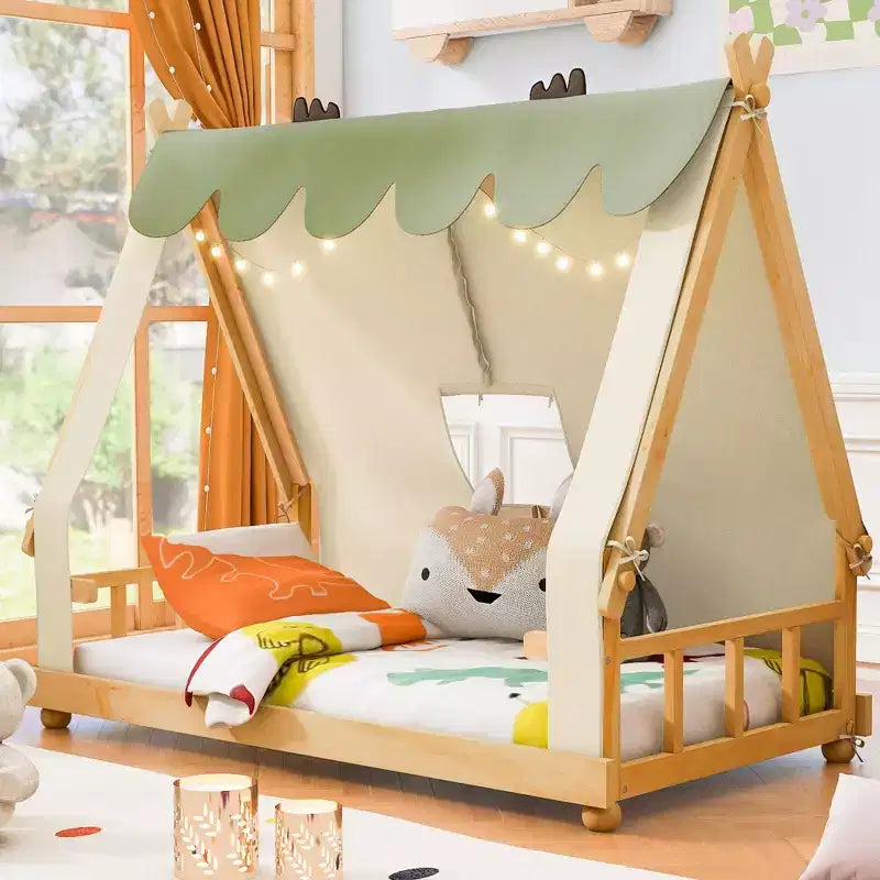 Okak Twin/Full House-Shaped Floor Canopy Beds with Tent & Light Decor,Platform Bed Frame for Kids,Teens,No Spring Box Needed