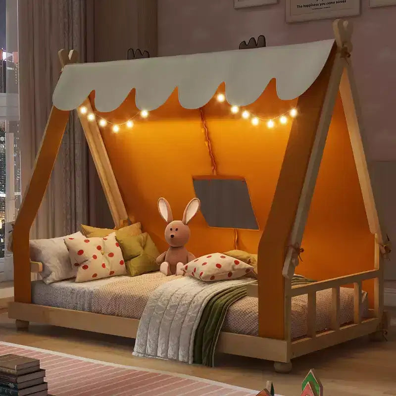 Okak Twin/Full House-Shaped Floor Canopy Beds with Tent & Light Decor,Platform Bed Frame for Kids,Teens,No Spring Box Needed